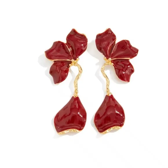 Cranberry Red Floral Drop Earrings with Gold Accents - Picture 2 of 4